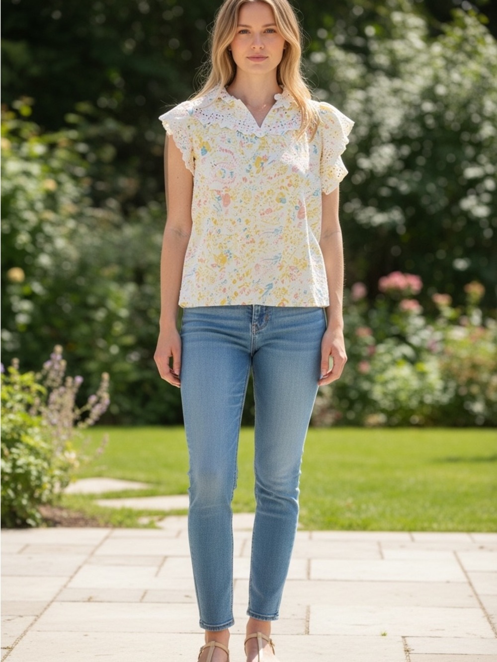 Jennifer Grace Floral Eyelet Top Medium Yellow Cottagecore Dainty Lace Feminine
